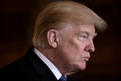 US President Donald Trump looks on during a joint press conference with President Raimonds Vejonis of Latvia, President Kersti Kaljulaid of Estonia and President Dalia Grybauskaite of Lithuania in the East Room of the White House on April 3, 2018 in Washington, DC. This year, the three Baltic States (Estonia, Latvia and Lithuania) celebrate their 100th year of independence. / AFP PHOTO / Olivier Douliery (Photo credit should read OLIVIER DOULIERY/AFP via Getty Images)