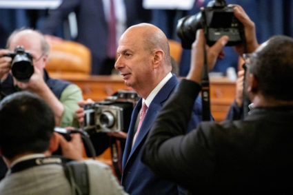 Gordon Sondland, U.S. Ambassador to the European Union, returns after a break in his testimony before a House Intelligence Committee hearing as part of the impeachment inquiry into U.S. President Donald Trump on Capitol Hill in Washington, U.S., November 20, 2019. Samuel Corum/Pool via REUTERS