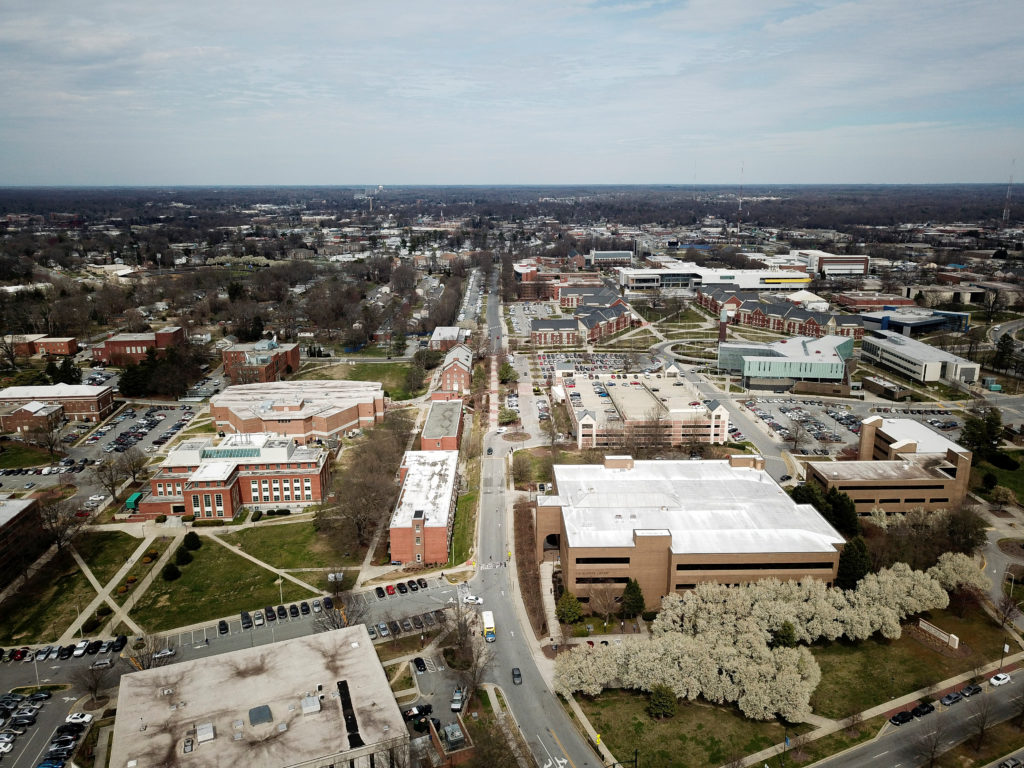 An aerial view of the part of North Carolina A&T University that is divided by the boundary line between Congressional...