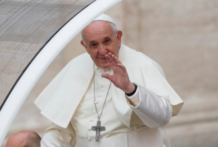 Pope Francis waves as he arrives for the weekly general audience at the Vatican, November 13, 2019. Photo by REUTERS/Remo Casilli