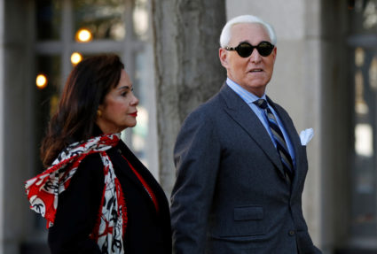 Roger Stone, former campaign adviser to U.S. President Donald Trump, arrives with his wife Nydia for the continuation of his criminal trial on charges of lying to Congress, obstructing justice and witness tampering at U.S. District Court in Washington, U.S., November 13, 2019. Photo by REUTERS/Yara Nardi
