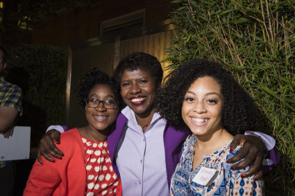 Gwen Ifill and students Jephtane Sophie Sabin and Kennedy Huff at the NewsHour in 2014.
