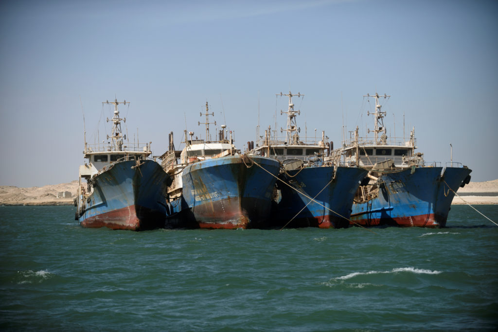 Chinese fishing vessels are seen moored off the coast of Nouadhibou, Mauritania, April 14, 2018. Picture taken April 14, 2...