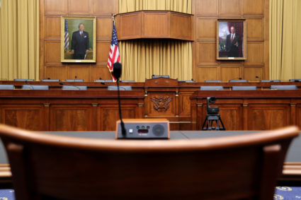 A witness chair sits in the U.S. House Judiciary Committee hearing room on Capitol Hill in Washington, U.S., June 14, 2019. The dark cloud of impeachment has threatened President Donald Trump for many months, with Democrats in the U.S. House of Representatives, where any such effort to remove Trump from office would begin, divided about whether to proceed. Picture taken June 14, 2019. REUTERS/Jonathan Ernst