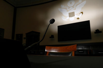 A witness chair sits in the U.S. House Judiciary Committee hearing room on Capitol Hill in Washington, U.S. June 14, 2019. The dark cloud of impeachment has threatened President Donald Trump for many months, with Democrats in the U.S. House of Representatives, where any such effort to remove Trump from office would begin, divided about whether to proceed. Picture taken June 14, 2019. REUTERS/Jonathan Ernst