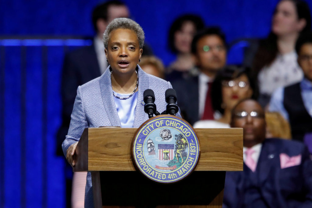 FILE PHOTO: Lori Lightfoot speaks after being sworn in as Chicago's 56th mayor by Judge Susan E. Cox during an inauguratio...