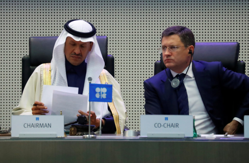 Saudi Arabia's Minister of Energy Prince Abdulaziz bin Salman Al-Saud and Russia's Energy Minister Alexander Novak are see...