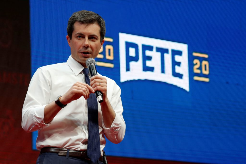 Democratic presidential candidate Pete Buttigieg speaks during the Teamsters Vote 2020 Presidential Forum in Cedar Rapids,...