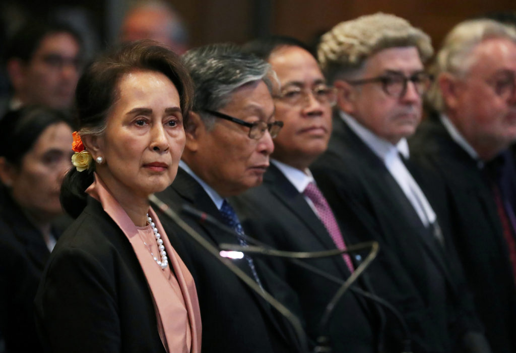 Myanmar's leader Aung San Suu Kyi attends a hearing in a case filed by Gambia against Myanmar alleging genocide against th...