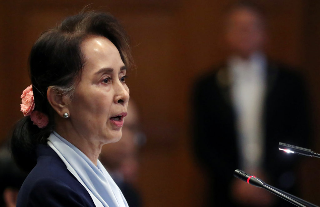 Myanmar's leader Aung San Suu Kyi speaks on the second day of hearings in a case filed by Gambia against Myanmar alleging ...
