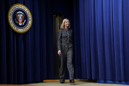 White House senior advisor Ivanka Trump arrives to introduce U.S. President Donald Trump to speak at a summit on child care and paid leave at the White House in Washington, U.S., December 12, 2019. Photo by Kevin Lamarque/Reuters
