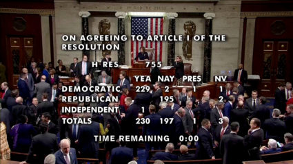 U.S. Speaker of the House Nancy Pelosi (D-CA) wields the gavel as the House of Representatives votes on the first of two articles of impeachment against U.S. President Donald Trump, accusing the president of abusing his power and obstructing Congress, inside the House Chamber of the U.S. Capitol in Washington, U.S., in a still image from video December 18, 2019. Photo by House TV via REUTERS