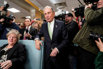Former New York Mayor Michael Bloomberg arrives to speak with Virginia House Delegate-elect Nancy Guy after launching his presidential campaign in the D'Egg cafe in Norfolk, Virginia, U.S., November 25, 2019. REUTERS/Joshua Roberts - RC2JID99EA0B