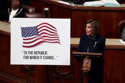 House Speaker Nancy Pelosi (D-CA) speaks ahead of a vote on two articles of impeachment against U.S. President Donald Trump on Capitol Hill in Washington, U.S., in a still image from video December 18, 2019. House TV via REUTERS. THIS IMAGE HAS BEEN SUPPLIED BY A THIRD PARTY.