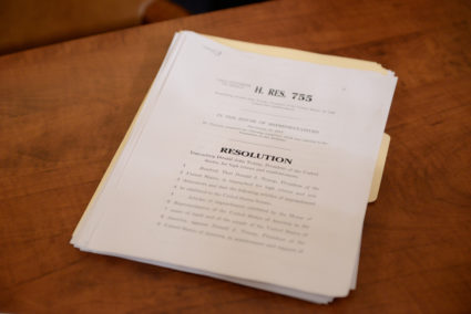 The articles of impeachment against U.S. President Donald Trump lie on the clerk's desk after the House Judiciary Committee voted to approve two articles of impeachment and send them on to the full House of Representatives for consideration on Capitol Hill in Washington, U.S., December 13, 2019. Photo by Erin Scott/Reuters