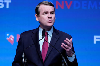 Michael Bennet appears on stage at a First in the West Event at the Bellagio Hotel in Las Vegas, Nevada, U.S., November 17, 2019. Photo by Carlo Allegri/Reuters