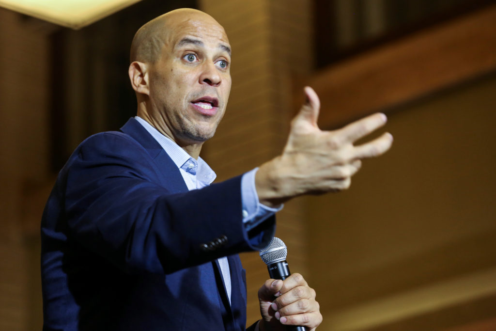 Democratic U.S. presidential candidate Senator Cory Booker speaks during an event as part of his bus tour in Mason City, I...