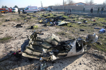 Debris of a plane belonging to Ukraine International Airlines, that crashed after taking off from Iran's Imam Khomeini airport, is seen on the outskirts of Tehran, Iran January 8, 2020. Nazanin Tabatabaee/WANA (West Asia News Agency) via Reuters