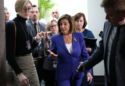 U.S. House Speaker Nancy Pelosi answers questions from reporters after leaving a House Democratic caucus meeting on Capitol Hill in Washington, U.S., January 8, 2020. Photo by Leah Millis/Reuters