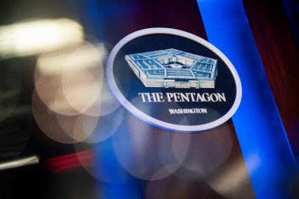 The Pentagon logo is seen behind the podium in the briefing room at the Pentagon in Arlington, Virginia. Photo by Al Drago/Reuters