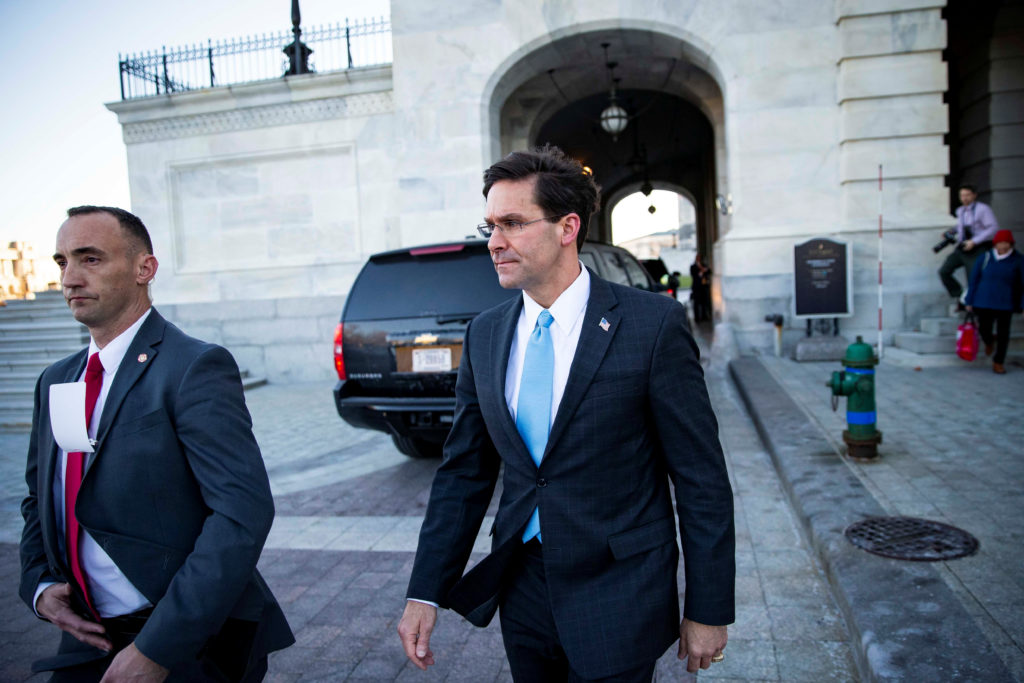 U.S. Defense Secretary Mark Esper departs following a briefing on developments with Iran after attacks by Iran on U.S. for...