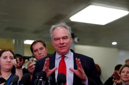 Sen. Tim Kaine, D-Va., talks to reporters following a classified national security briefing of the U.S. Senate on developments with Iran after attacks by Iran on U.S. forces in Iraq, at the U.S. Capitol on Jan. 8, 2020. Photo by REUTERS/Tom Brenner