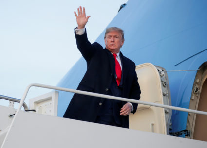 President Donald Trump boards Air Force One as he departs Washington for campaign travel to Toledo, Ohio, from Joint Base Andrews, Maryland, on Jan. 9, 2020. Photo by Jonathan Ernst/Reuters