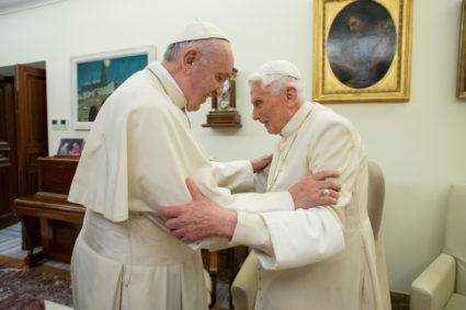 FILE PHOTO: Pope Francis visits his predecessor, Pope Emeritus Benedict XVI, at the Mater Ecclesiae Monastery in Vatican, December 21, 2018. Picture taken December 21, 2018. Vatican Media/Handout via REUTERS