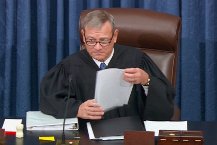 Chief Justice of the United States John Roberts presides during opening arguments in the U.S. Senate impeachment trial of U.S. President Donald Trump in this frame grab from video shot in the U.S. Senate Chamber at the U.S. Capitol in Washington, U.S., January 21, 2020. REUTERS/U.S. Senate TV/Handout via Reuters