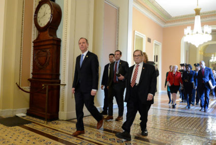 House Managers lead by Rep. Adam Schiff, (D-CA) and Rep. Jerry Nadler, (D-NY) walk to the Senate floor for the Senate impeachment trial of President Donald Trump in Washington, U.S., January 23, 2020. Photo by Mary F. Calvert/Reuters