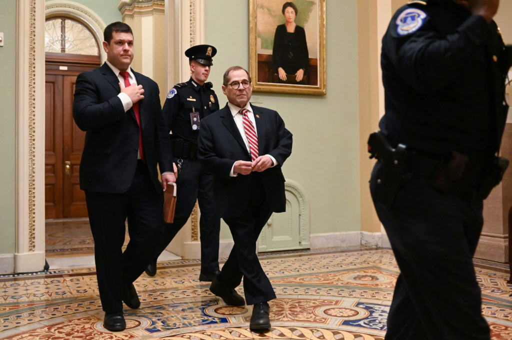 House Impeachment manager Rep. Jerry Nadler (D-NY) exits the Senate chamber after the third day of the Senate impeachment ...