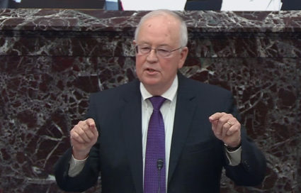 Attorney Ken Starr speaks as U.S. President Donald Trump's legal team resumes its presentation of opening arguments in Trump's Senate impeachment trial in this frame grab from video shot in the U.S. Senate Chamber at the U.S. Capitol in Washington, U.S., January 27, 2020. U.S. Senate TV/Handout via Reuters