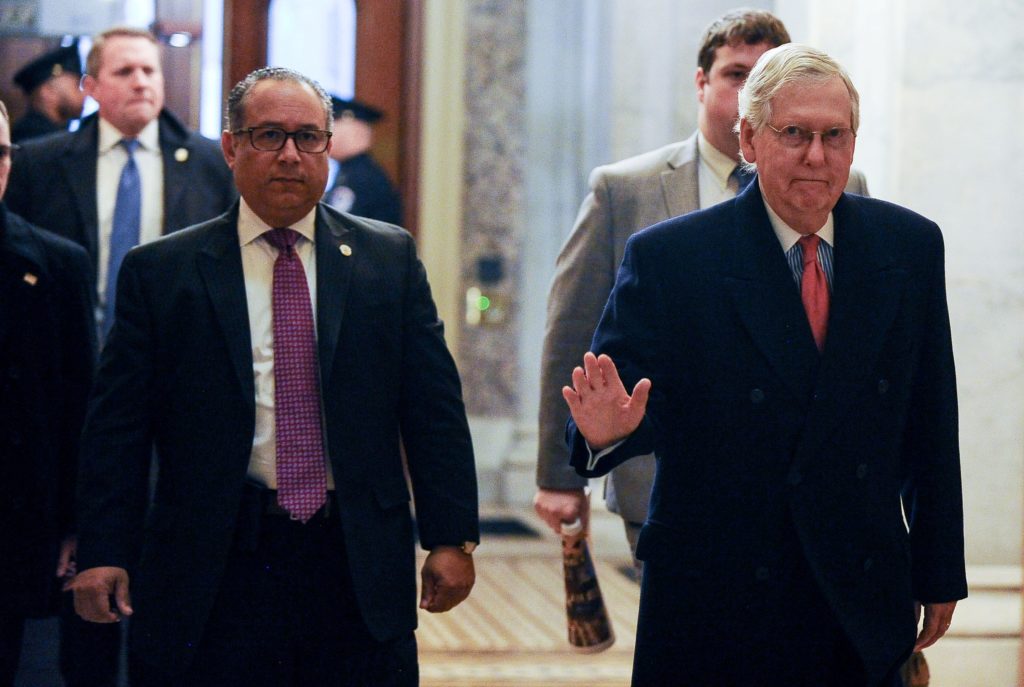 U.S. Senate Majority Leader Mitch McConnell (R-KY) arrives at the U.S. Capitol for the Senate impeachment trial of Preside...