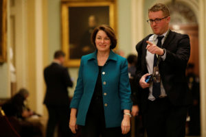 U.S. Presidential Candidate Senator Amy Klobuchar (D-MN) walks to the Senate Floor during U.S. President Donald Trump's Senate Impeachment Trial in Washington, U.S., January 21, 2020. REUTERS/Tom Brenner - RC2PKE97NERU