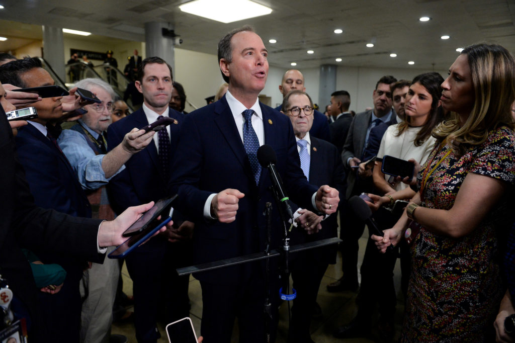 House Managers Rep. Adam Schiff (D-CA) speaks next to Rep. Jerry Nadler (D-NY) during a news conference near the Senate Su...