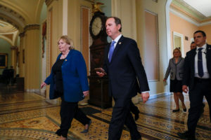 House impeachment managers Reps. Zoe Lofgren (D-CA) and Adam Schiff (D-CA) walk to the Senate chamber prior to the resumption of the Senate impeachment trial of U.S. President Donald Trump at the U.S. Capitol in Washington, U.S., January 30, 2020. REUTERS/Brendan McDermid?