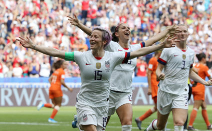 Megan Rapinoe of the U.S. celebrates with team mates after scoring their first goal during the 2019 World Cup finals. Photo by Denis Balibouse/Reuters