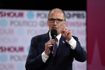 Democratic National Committee Chairman Tom Perez speaks to the audience before the start of the sixth 2020 U.S. Democratic presidential candidates campaign debate at Loyola Marymount University in Los Angeles, California, U.S., December 19, 2019. Photo by Mike Blake/Reuters