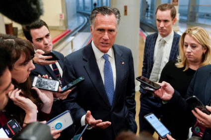 Senator Mitt Romney (R-UT) speaks to journalists on the sidelines of the impeachment trial of U.S. President Donald Trump on Capitol Hill in Washington, U.S., January 21, 2020. Photo by Joshua Roberts/Reuters.