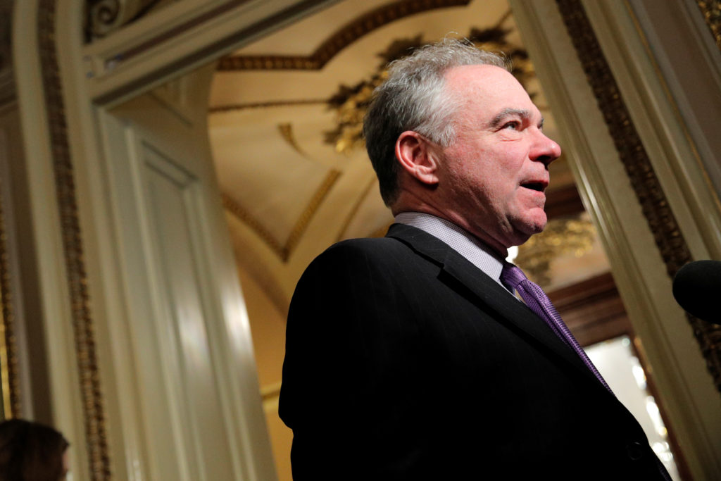 U.S. Senator Tim Kaine (D-VA) speaks to members of the media prior to the resumption of the Senate impeachment trial of U....