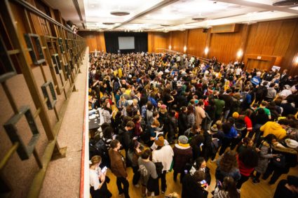 University of Iowa students caucus, Monday, Feb. 3, 2020, at the Iowa Memorial Union in Iowa City, Iowa.