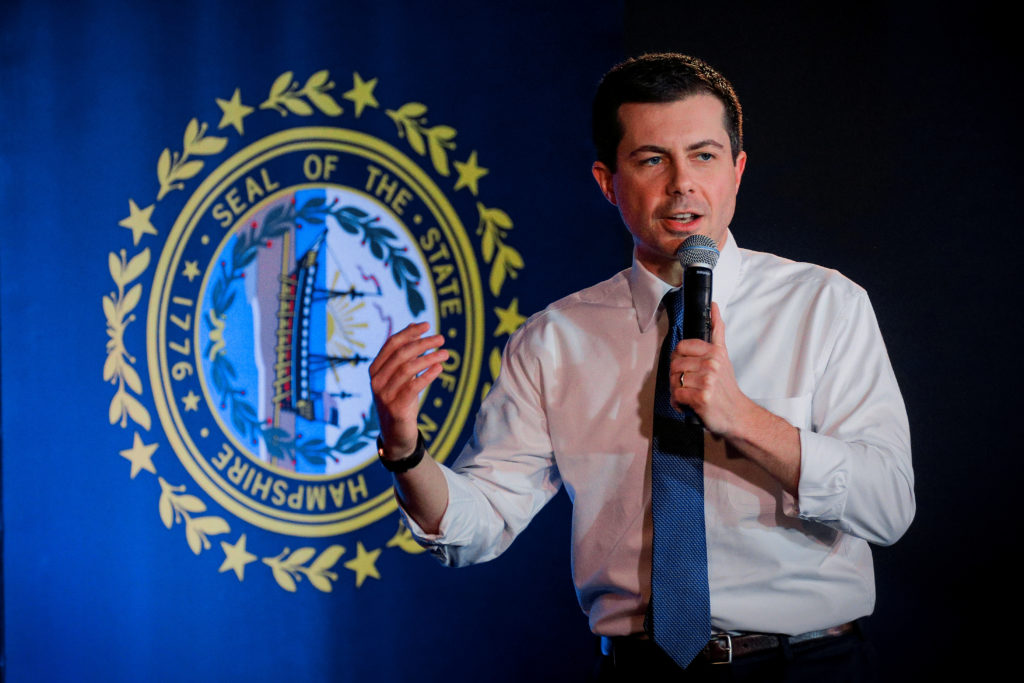 Democratic presidential candidate and former South Bend, Indiana mayor Pete Buttigieg speaks during a campaign stop in Por...