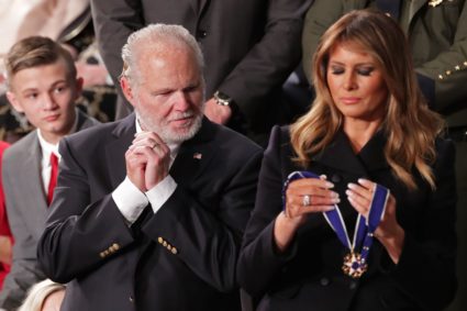 Conservative radio talk show host Rush Limbaugh reacts as he is awarded the Presidential Medal of Freedom by U.S. First Lady Melania Trump during U.S. President Donald Trump's State of the Union address to a joint session of the U.S. Congress in the House Chamber of the U.S. Capitol in Washington, U.S. February 4, 2020. REUTERS/Jonathan Ernst