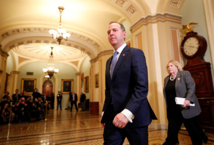 Lead House impeachment manager Rep. Adam Schiff (D-CA) leads fellow impeachment managers including Rep. Zoe Lofgren (D-CA) into the Senate Chamber ahead of expected final votes in the Senate impeachment trial of U.S. President Donald Trump on Capitol Hill in Washington, U.S., February 5, 2020. Photo by Tom Brenner/Reuters