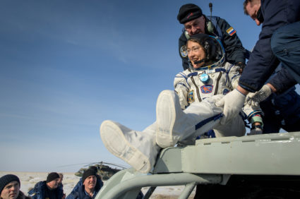NASA astronaut Christina Koch is helped out of the Soyuz MS-13 spacecraft just minutes after she, Roscosmos cosmonaut Alexander Skvortsov, and ESA astronaut Luca Parmitano, landed their Soyuz MS-13 capsule in a remote area southeast of Zhezkazgan in the Karaganda region of Kazakhstan, February 6, 2020. NASA/Bill Ingalls via Reuters