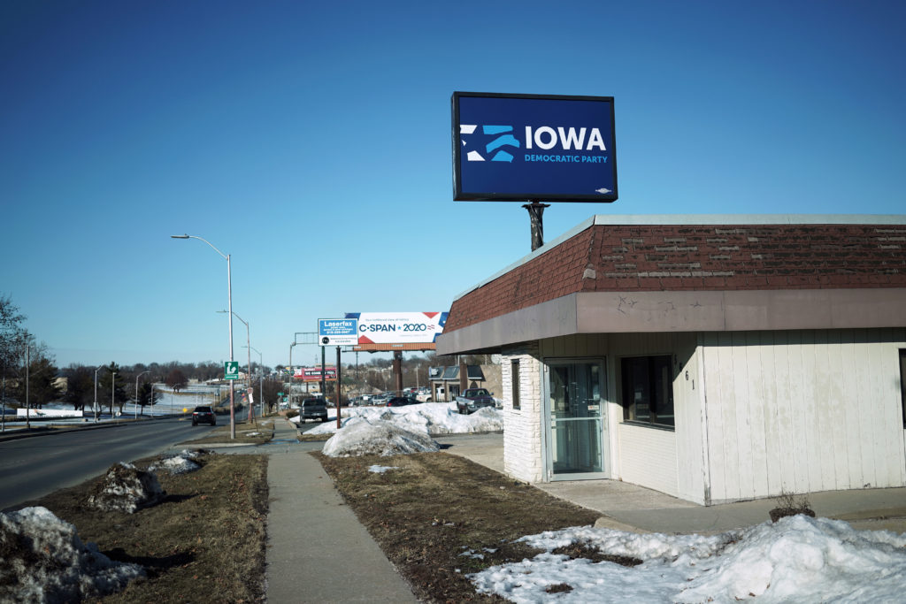 A sign designates the headquarters of the Iowa Democratic Party in Des Moines, Iowa, February 6, 2020. REUTERS/KC McGinnis