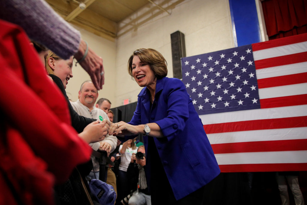 Democratic 2020 U.S. presidential candidate Senator Amy Klobuchar is greeted by supporters during a campaign event in Sale...
