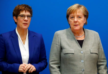 Outgoing leader of the Christian Democratic Union (CDU) Annegret Kramp-Karrenbauer and Germany's Chancellor Angela Merkel arrive for a board meeting at the party’s headquarters in Berlin, Germany February 10, 2020. Photo by Hannibal Hanschke/Reuters