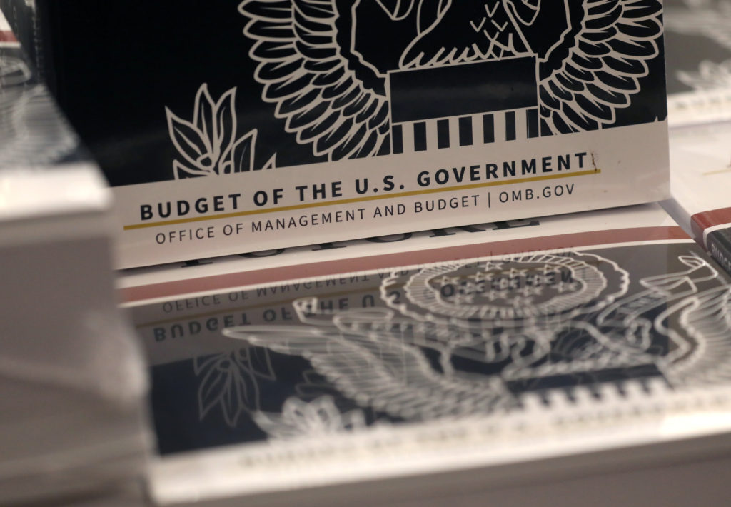 Copies of U.S. President Donald Trump's FY2021 budget proposal sit on display for the news media on Capitol Hill in Washin...