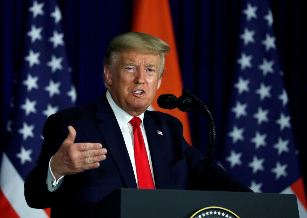 U.S. President Donald Trump speaks during a news conference in New Delhi, India, February 25, 2020. Photo by Al Drago/Reuters
